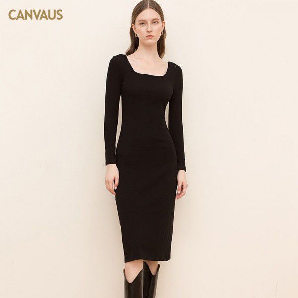 CANVAUS New Square Neck Cotton Medium Length Dress Women's Solid Color Long Sleeve Slim Slim Slim Split Mid Waist Pencil Dress Women 