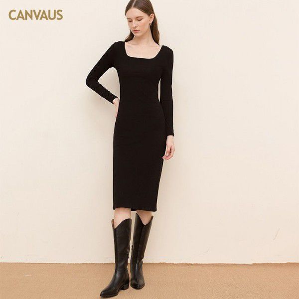 CANVAUS New Square Neck Cotton Medium Length Dress Women's Solid Color Long Sleeve Slim Slim Slim Split Mid Waist Pencil Dress Women 