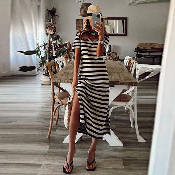 Black striped printed V-neck floor-length skirt Women's Amazon side slit casual home skirt 6113423 