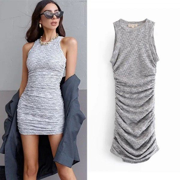 American 2022 Spicy Girls INS Round Neck Sleeveless Wrapped Hip Dress Women's Summer Stretch Tight Pleated Tank Skirt Short Skirt 