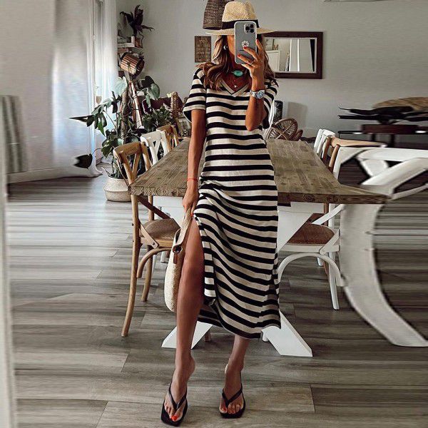 Shiying Amazon side slit long skirt new summer stripe print short sleeve slim dress 