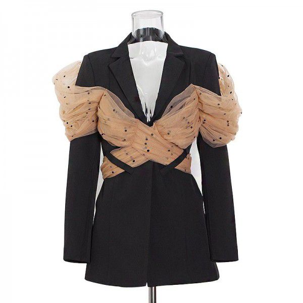 Small suit jacket women's 2022 winter new mesh stitching small net red black casual suit top trend 