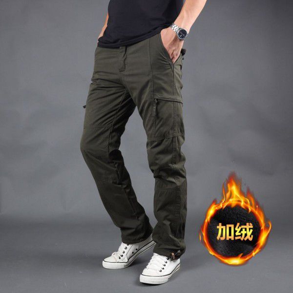 Outdoor horizontal zippered cotton trousers thickened warm plush overalls, shock pants, fleece winter pants, casual pants, old man 