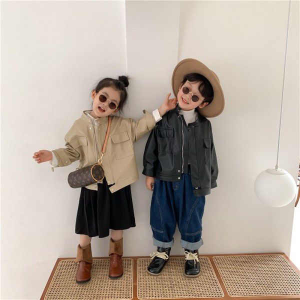 Autumn new Korean children's leather jacket Men and women's handsome motorcycle leather jacket fashion