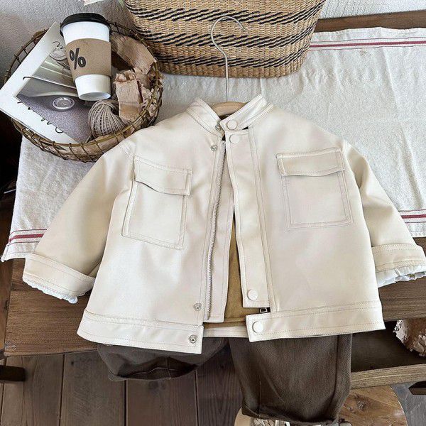 Children's clothing Spring style boys' coat leather clothes Children's spring and autumn middle children's windproof girls' work clothes Korean version Western-style standing collar