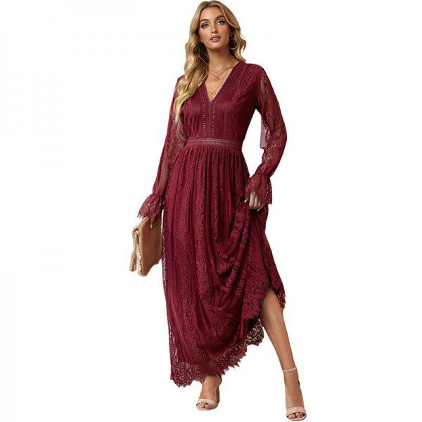 Shiying European and American v-neck pullover waist dress autumn new lace dress 