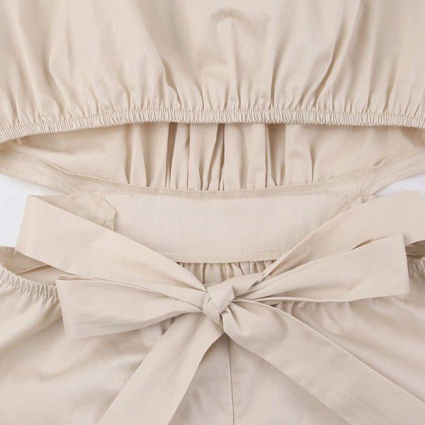 New lace-up hollow-out design sense short sleeve bubble sleeve round neck pleated women's long dress summer 