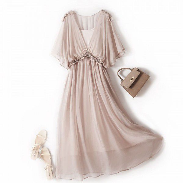 Women's silk dress, simple and elegant, pure color, mulberry silk dress, long style, new in summer