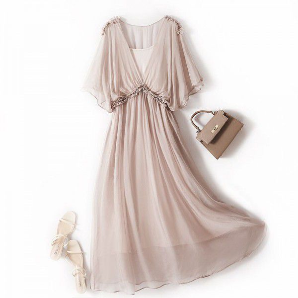 Women's silk dress, simple and elegant, pure color, mulberry silk dress, long style, new in summer