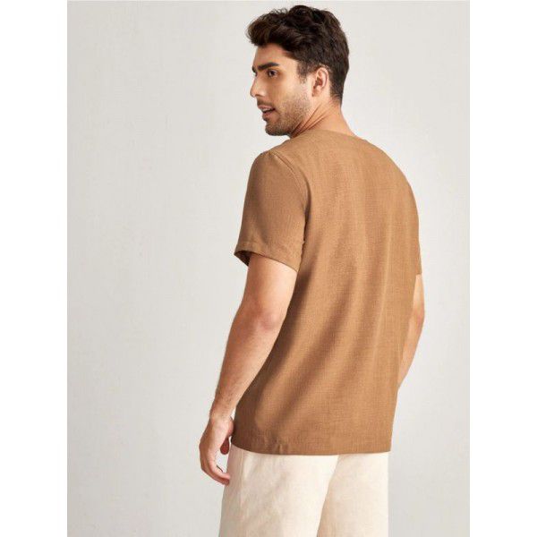 Summer new men's three-quarter sleeve V-neck loose cotton linen short-sleeved T-shirt