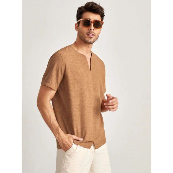 Summer new men's three-quarter sleeve V-neck loose cotton linen short-sleeved T-shirt