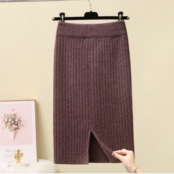 Thickened split knitted skirt with buttocks, one-step skirt, women's mid-length, 2022 autumn and winter new long skirt, wool skirt 