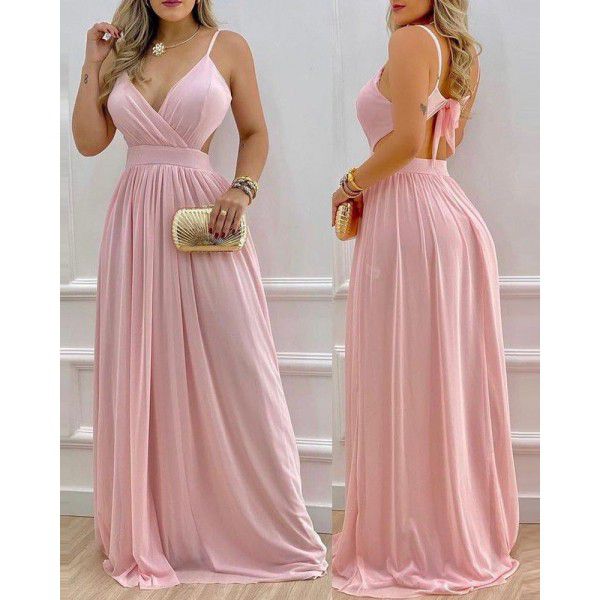 Spring and Autumn Mid-waist Solid Knee Length Straight Dress Pink Temperament Commuter Strap Long Dress Dress