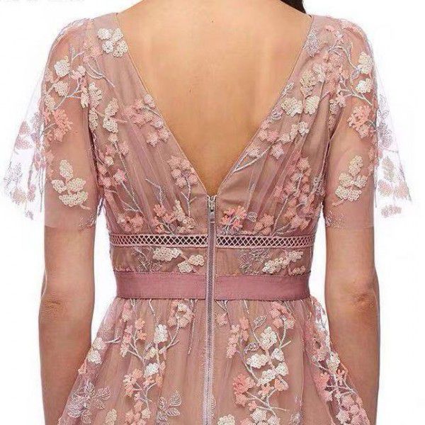 SP new pink flower sequin beaded high waist V-neck temperament long dress holiday party heavy embroidery dress 