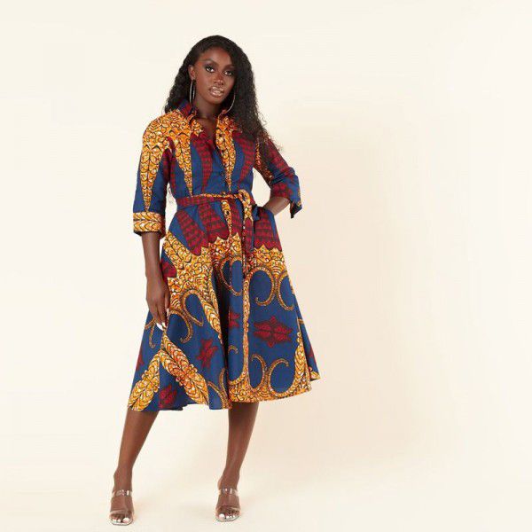 YS902 African fashion women's long-sleeved printed shirt dress small autumn shirt loose mother's dress 