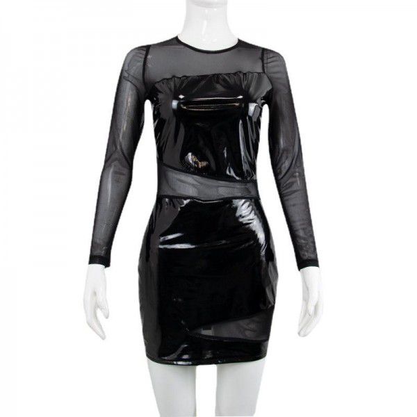 BR21A082 mesh patchwork PU bright face dress sexy perspective mesh long-sleeved hip-length body wrap skirt 