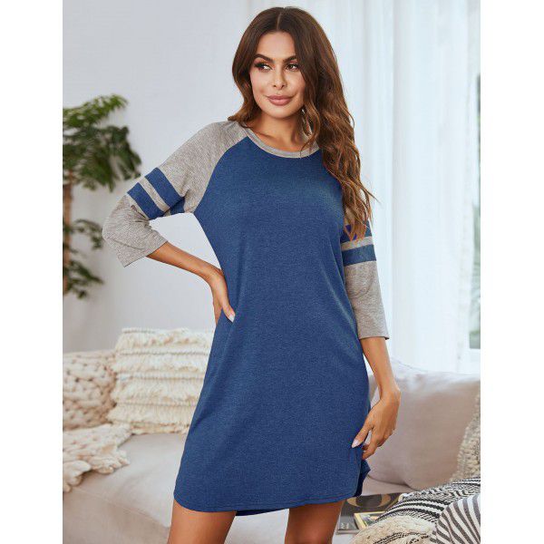 European and American women's dress patchwork color contrast round neck household clothes pajamas