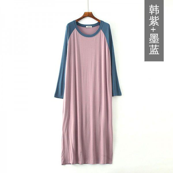 Spring and summer new Modal patchwork dress with long sleeves, loose and thin, large size sleepwear, home dress, long skirt