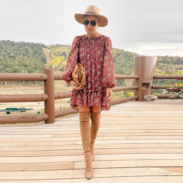 Shiying Red Ruffled Loose Sleeve Dress Women's Independent Station Foreign Trade Loose Pullover Knee Length Dress 6113190 