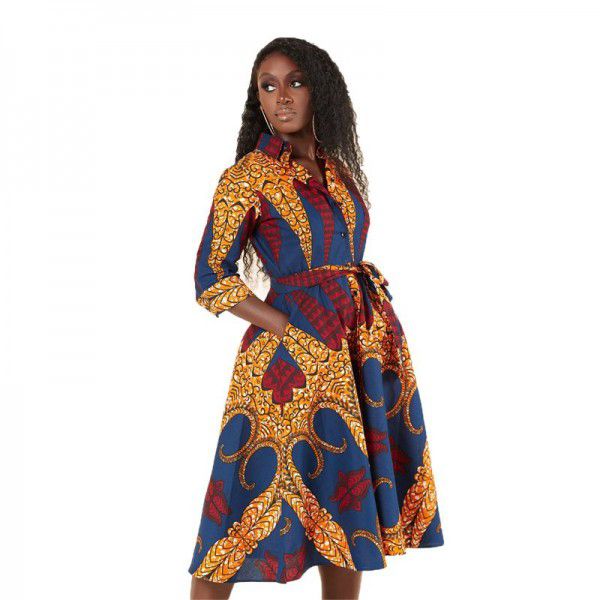 YS902 African fashion women's long-sleeved printed shirt dress small autumn shirt loose mother's dress 