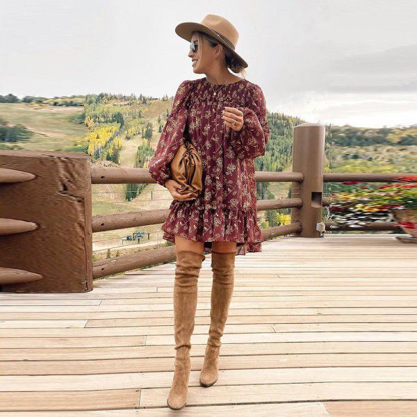 Shiying Red Ruffled Loose Sleeve Dress Women's Independent Station Foreign Trade Loose Pullover Knee Length Dress 6113190 