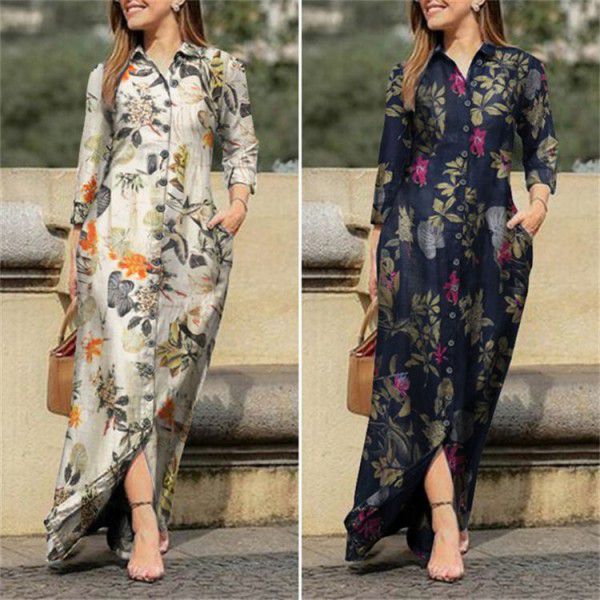 Women's holiday casual lapel long-sleeved gown long flower printed cotton dress button shirt long 
