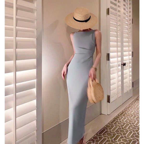 Summer New French Vintage Hepburn Dress Off the Shoulder Sleeveless Long Dress Slim Hepburn Dress