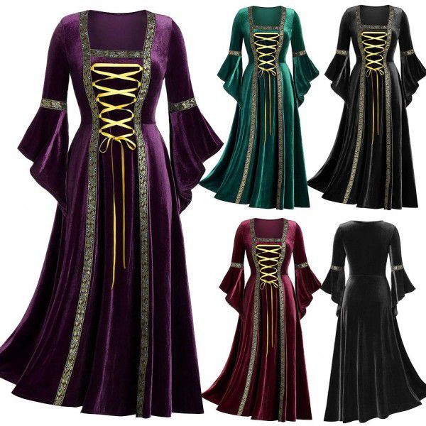 Factory direct selling women's Gothic punk style long-sleeved strapping gold velvet dress gown in stock 