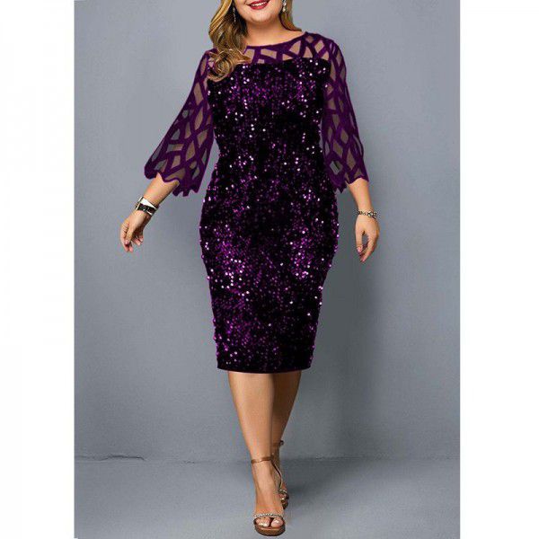 Cross-border European and American large size dress wish Amazon ebay fashion round neck mesh slimming buttock dress 