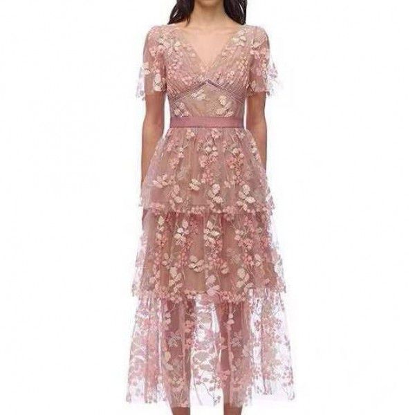 SP new pink flower sequin beaded high waist V-neck temperament long dress holiday party heavy embroidery dress 