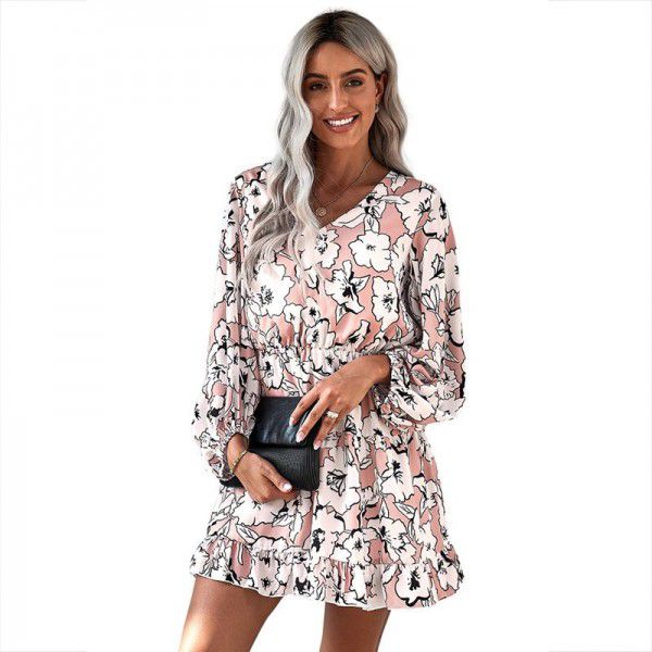 Shiying European and American dress wholesale Spring and Autumn cross-border backless chiffon waist sexy high-waist long-sleeved floral skirt 
