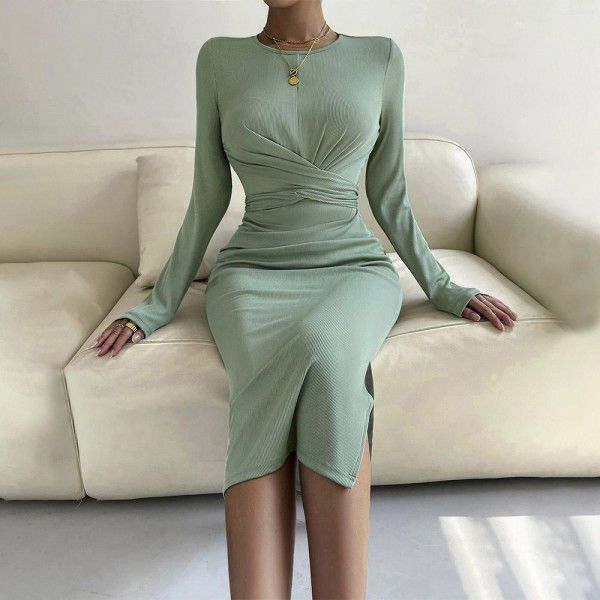 European and American women's dress 2022 new round neck slimming buttock skirt long sleeve dress