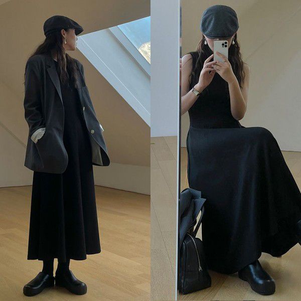 Simple round-neck vest dress for women in early spring 2023, new Korean style, simple temperament, draped long skirt trend 50389 
