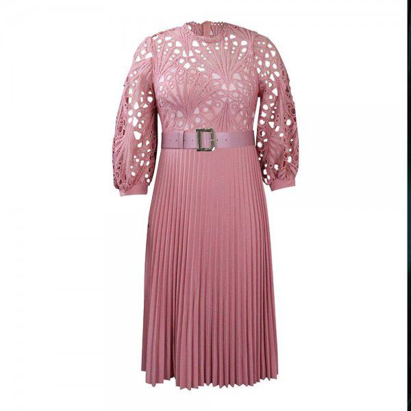 D254dress Amazon Summer Large Lace Hooked Flower Sexy Hollow Pleated European and American Dress Cross-border Dress 