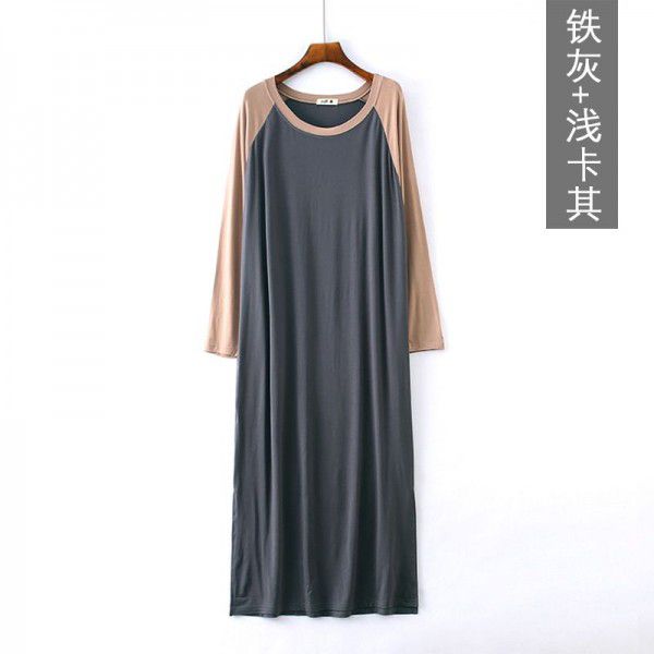 Spring and summer new Modal patchwork dress with long sleeves, loose and thin, large size sleepwear, home dress, long skirt