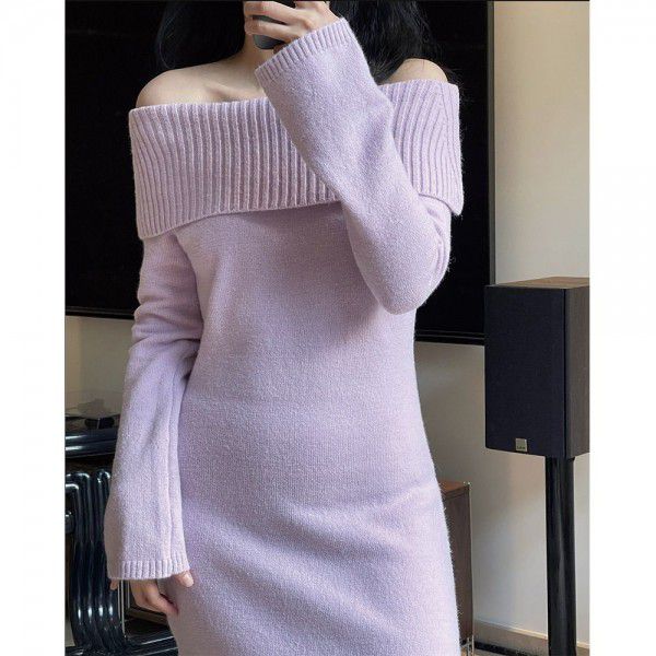 Early spring new Korean version slouchy one-necked off-shoulder sexy sweater dress soft and skin-friendly slim long dress for women 