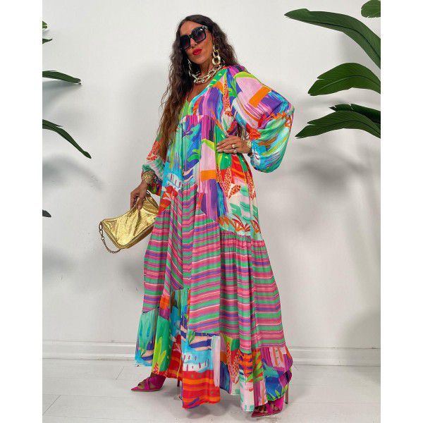 Oversized swing V-neck printed skirt Spring/Summer 2023 new vintage French court style pleated long-sleeved loose dress 