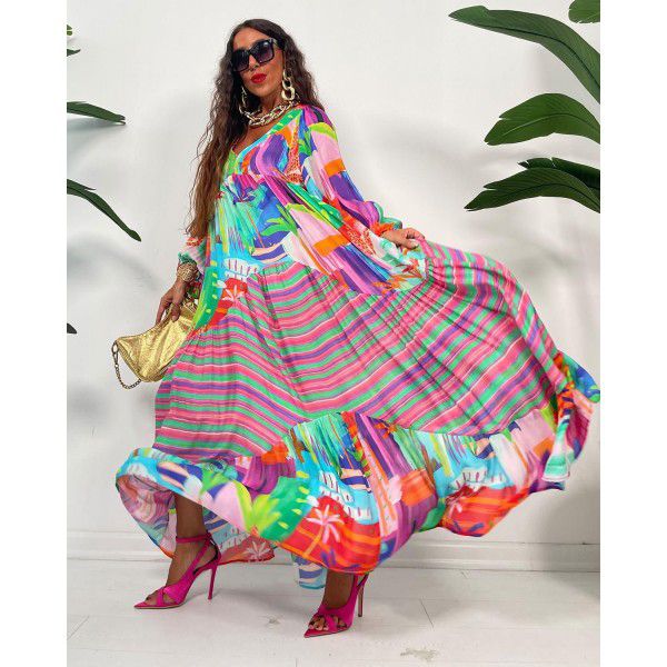 Oversized swing V-neck printed skirt Spring/Summer 2023 new vintage French court style pleated long-sleeved loose dress 