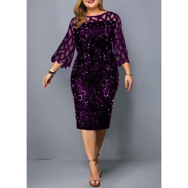 Cross-border European and American large size dress wish Amazon ebay fashion round neck mesh slimming buttock dress 