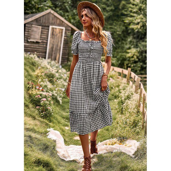 Diyun independently designed Amazon plaid dress for European station, spring and summer 2023 casual holiday, one-shoulder women's dress 