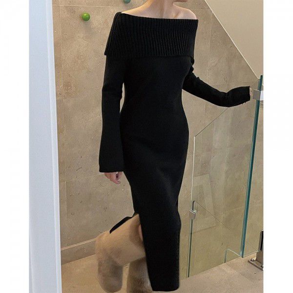Early spring new Korean version slouchy one-necked off-shoulder sexy sweater dress soft and skin-friendly slim long dress for women 