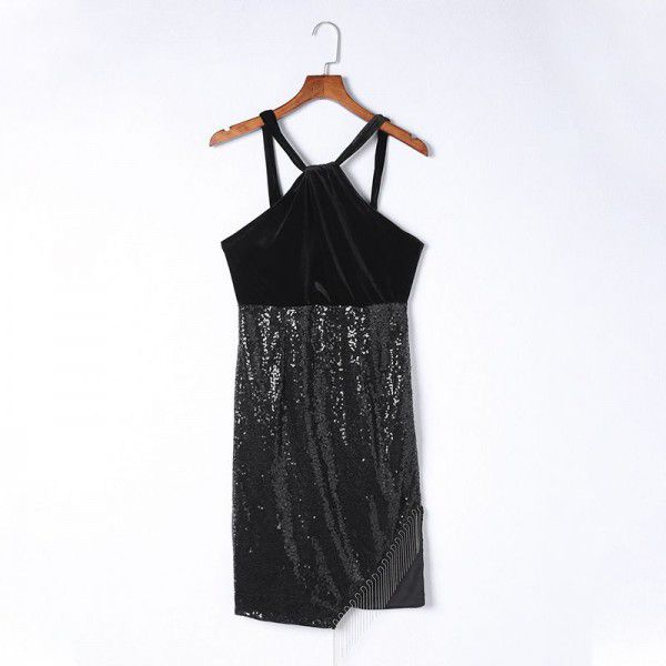 Shiying High Waist Wrapped Hip Dress Dress Autumn New Solid Color Waist Show Thin Sequin Fringe Sleeveless Dress Wholesale 