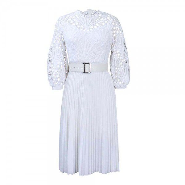 D254dress Amazon Summer Large Lace Hooked Flower Sexy Hollow Pleated European and American Dress Cross-border Dress 