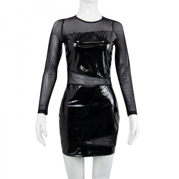 BR21A082 mesh patchwork PU bright face dress sexy perspective mesh long-sleeved hip-length body wrap skirt 