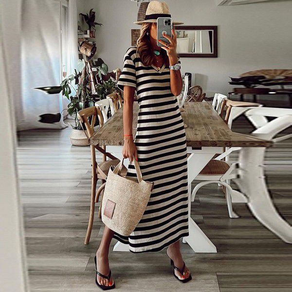 Black striped printed V-neck floor-length skirt Women's Amazon side slit casual home skirt 6113423 