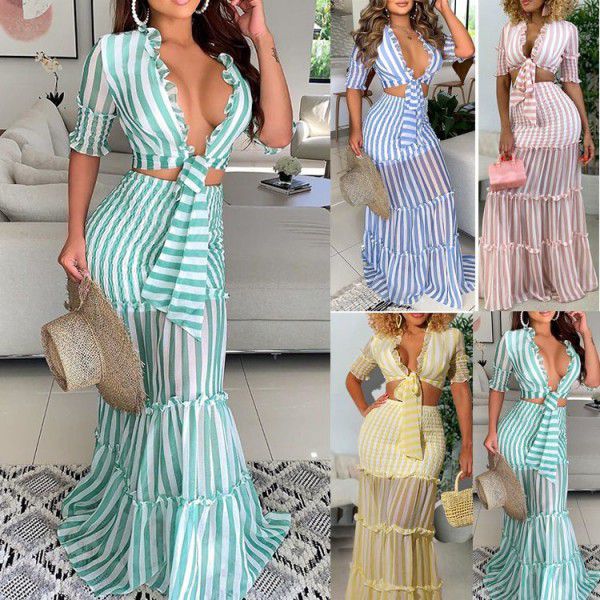 Independent station Amazon foreign trade cross-border European and American women's two-piece striped perspective slim sexy dress 