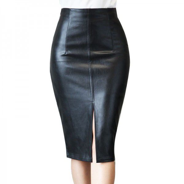 Cross-border Hot Sale Autumn Temperament High Waist Split Women's Half-length PU Leather Skirt Wrapped Hip Skirt by Amazon 