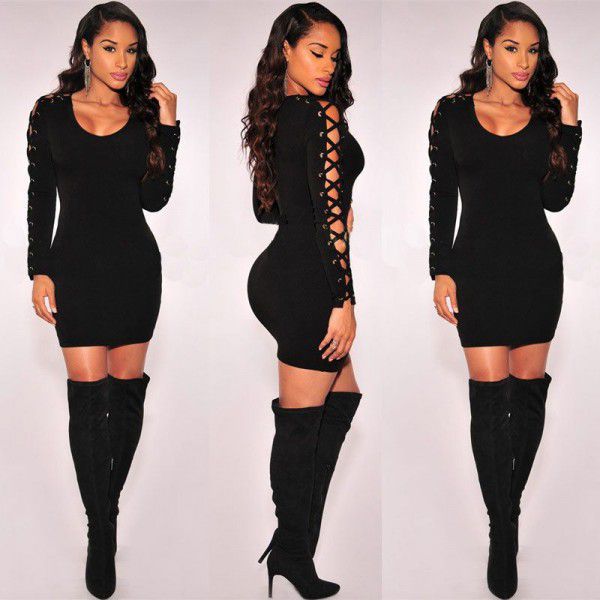 European and American Spring and Autumn New Popular Women's Round Neck Lace Off Shoulder Black Dress 
