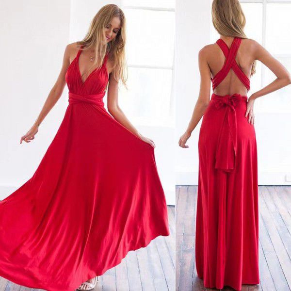 [Monthly sales of 5000] European and American pure colors, various wearing methods, sexy strapping, red dress, long skirt 