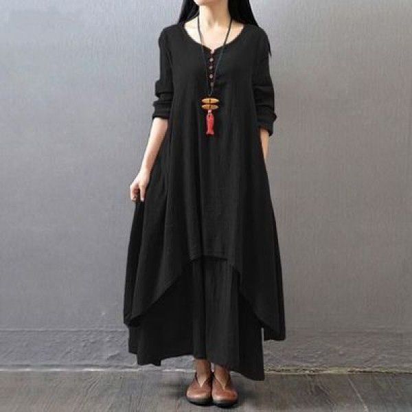 Spring and autumn holiday two-piece long skirt, artistic large linen dress, loose long-sleeved cotton and linen skirt